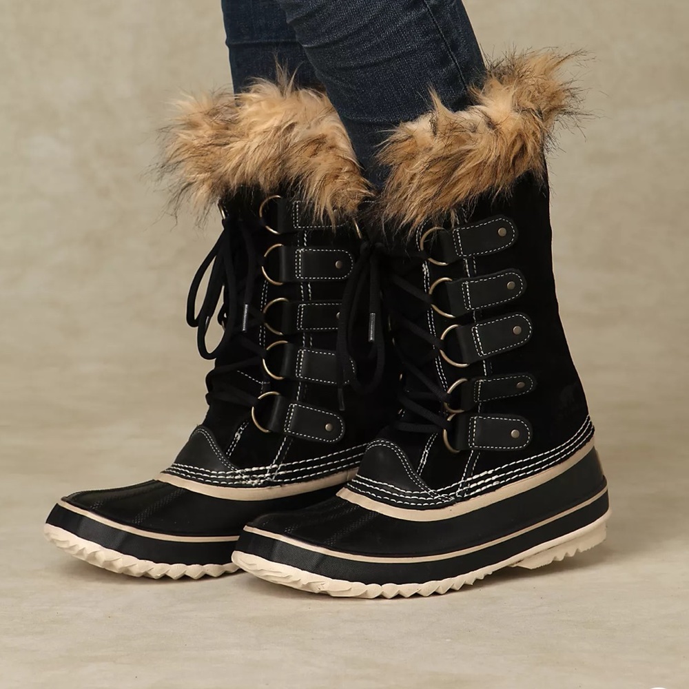Sorel Black and Tan Faux Fur Winter Boots